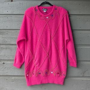 VTG 80s Cavalini Hot Pink Bedazzled Beaded Wool Mohair Tunic Sweater Size Large